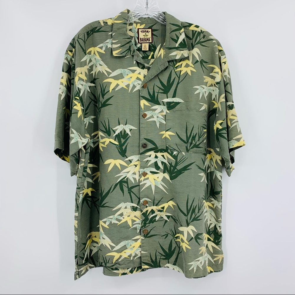 Tommy Bahama Shirt Vintage Silk Green Ivory Size L